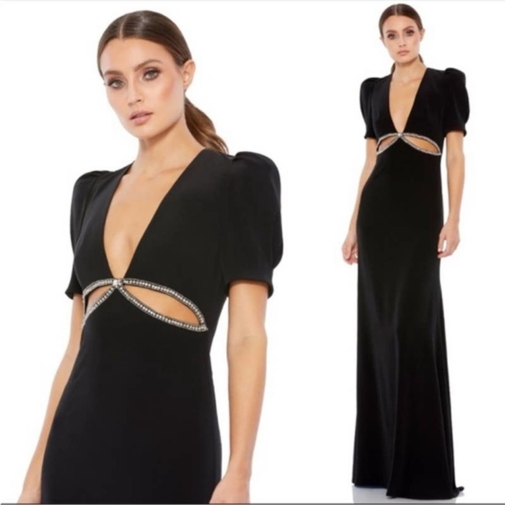 NEW Mac Duggal Puff Sleeve Embellished Cutout Evening Gown Dress 8 Black Leena
